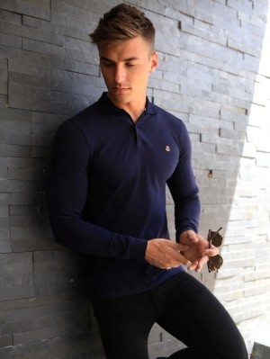 Navy Blakely Harrow Long-Sleeve Polo Shirt | JGV038425