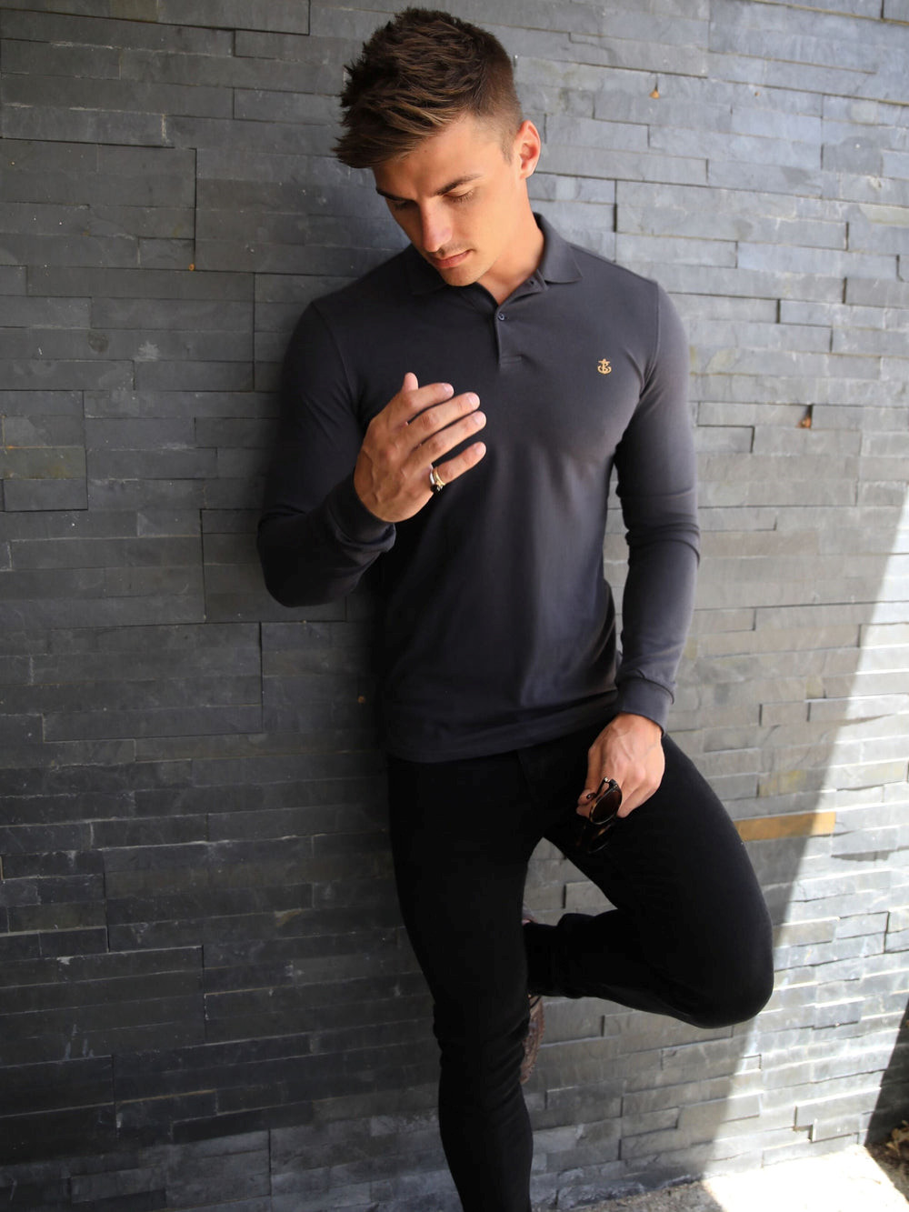 Charcoal Blakely Harrow Long-Sleeve Polo Shirt | TSG629840