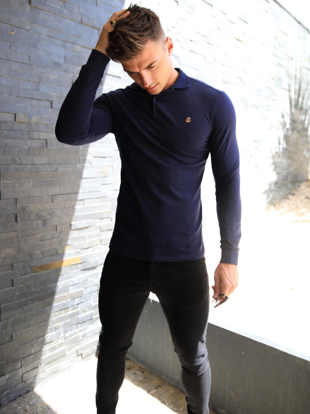 Navy Blakely Harrow Long-Sleeve Polo Shirt | JGV038425