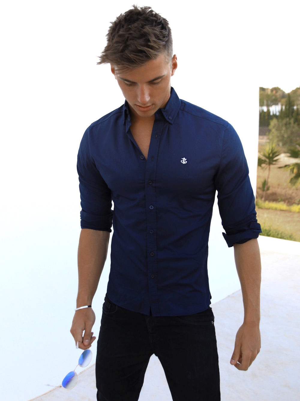 Navy Blakely Worcester Fitted Stretch Shirt | MZU206981